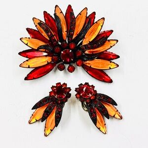 Selro Selini Vintage Red & Orange Glass & Rhinestone Floral Brooch Earring Set